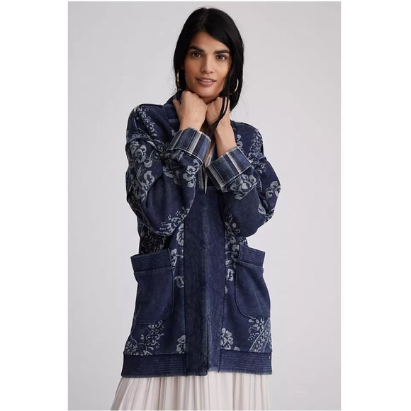 Pilcro Quilted Kimono Jacket / S/M / Blue Motif Anthropologie Long Cardigan Wrap - Picture 2 of 10